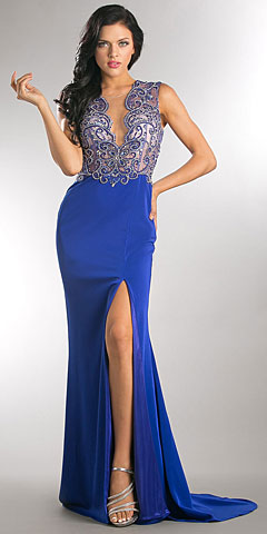 Elegant Beaded Sheer Bodice Long Pageant Dress. a749.