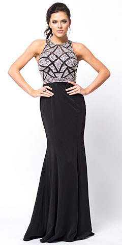 Sleeveless Beaded Top High Neck Long Prom Dress. a756.