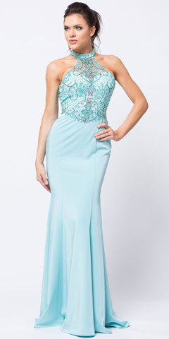 Beaded Halter Mesh Top Flared Skirt Long Prom Dress. a758.