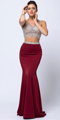 Bejeweled V-neck Mesh Top Fit-n-Flare Long Skirt Prom Dress. a759.
