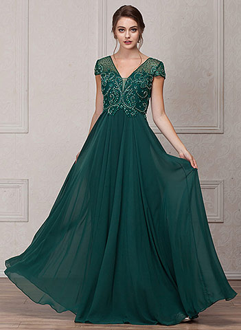 Short Sleeves V-Neck Sequined Bust Long Formal Evening Dress. a767.