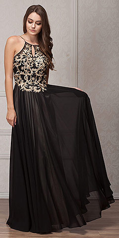 Gold Accent Keyhole Mesh Bust Long Formal Evening Dress. a768.