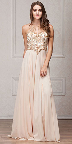 Mesh Beaded Bodice Long Chiffon Formal Evening Dress. a775.