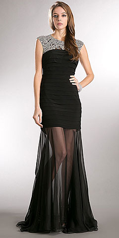 Beaded Neckline Pleated Bodice Long Prom Pageant Dress