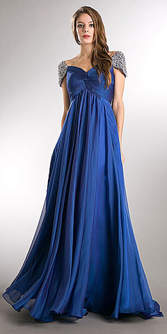 Bejeweled Sleeves Pleated Bust Long Formal Evening Dress. a812.