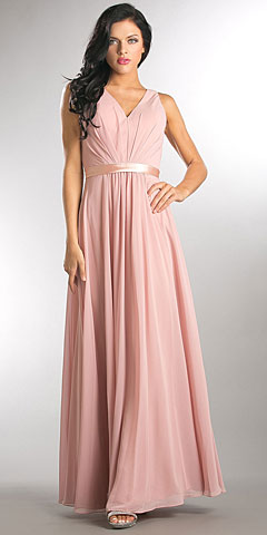 V-neck Sleeveless Ruched Bodice Long Bridesmaid Dress. a814.