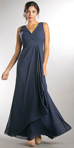 V-Neck Ruched Twist Knot Bust Long Bridesmaid Dress. a815.