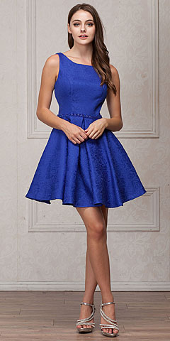 Boat Neck Jewel Waist Pleated Puffy Skirt Short Party Dress