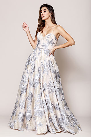Floral Print and Embroidered Flared A-Line Prom Gown. asu065.