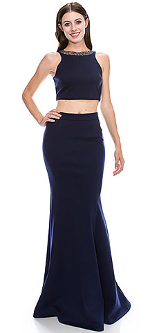 Beaded Neck Crop Top Fitted Skirt Two-Piece Prom Dress