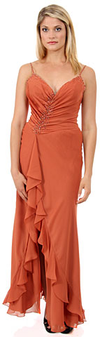 Shirred and Beaded Ruffled Long Cocktail Dress with Slit. c27143.