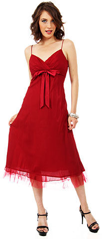 Spaghetti Straps Satin Bow Tea Length Bridesmaid Dress. c27787.