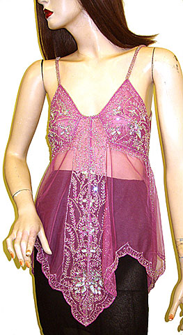 Asymmetric Net Top with Silver Floral Beading