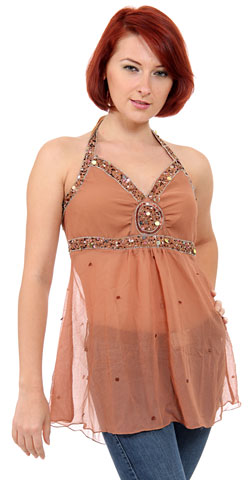 Halter Neck Sequined Top with Round Beadwork Patch