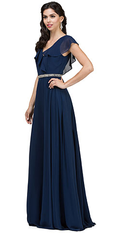 V-Neck Ruffled Top Beaded Waist Long Chiffon Formal Dress