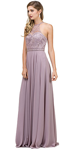 Embroidered Bodice High Neck Long Chiffon Prom Formal Dress
