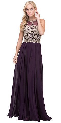 Sleeveless Beaded Lace Mesh Bodice Long Formal Prom Dress
