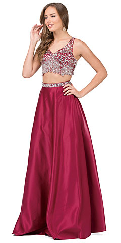 V-neck Bejeweled Top Long Satin Skirt Two Piece Prom Dress