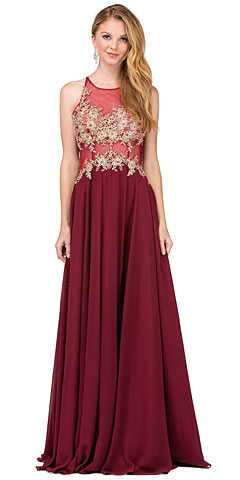 Lace Accent Sheer Mesh Bodice Long Prom Dress.