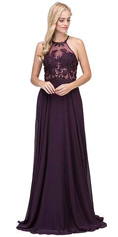Lace Accent Sheer Mesh Top Chiffon Long Prom Dress