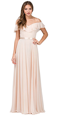 Cold Shoulder Frill Top Ribbon Waist Long Bridesmaid Dress