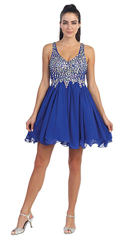 V-Neck Racer Back Rhinestones Bust Short Formal Party Dress. p8997.