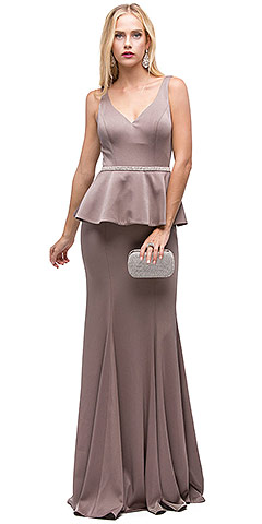 Deep V-Neck Peplum Bodice Long Formal Prom Dress