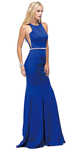 Scoop Neck Bejeweled Waist Racerback Long Prom Dress