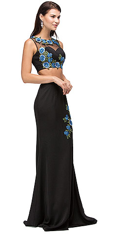 Floral Applique Mesh Top Two Piece Long Prom Dress. p9820.