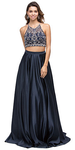 Beaded Racer Back Top Satin Long Prom Two-piece Dress. p9832.