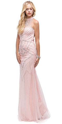 Glamorous Halter Open Back Beaded Prom Dress