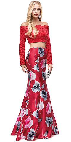 Off-the-Shoulder Lace Top Floral Skirt Two Piece Prom Dress. p9862.