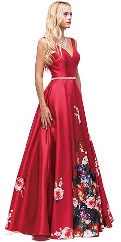 V-Neck Floral Print Rhinestones Waist A-line Long Prom Dress