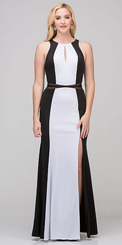 High Neck Color Block Mesh Insert Long Formal Evening Dress. s17212.