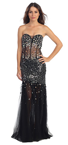 Strapless Sequins & Beads Floor Length Formal Prom Dress