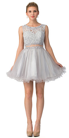 Beaded Lace Bust Mesh Babydoll Skirt Short Dress
