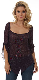 Square Neck Asymmetric Hem Beaded Sheer Blouse.