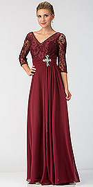 V-Neck Sheer Sleeves Floral Lace Bust Long Formal MOB Dress